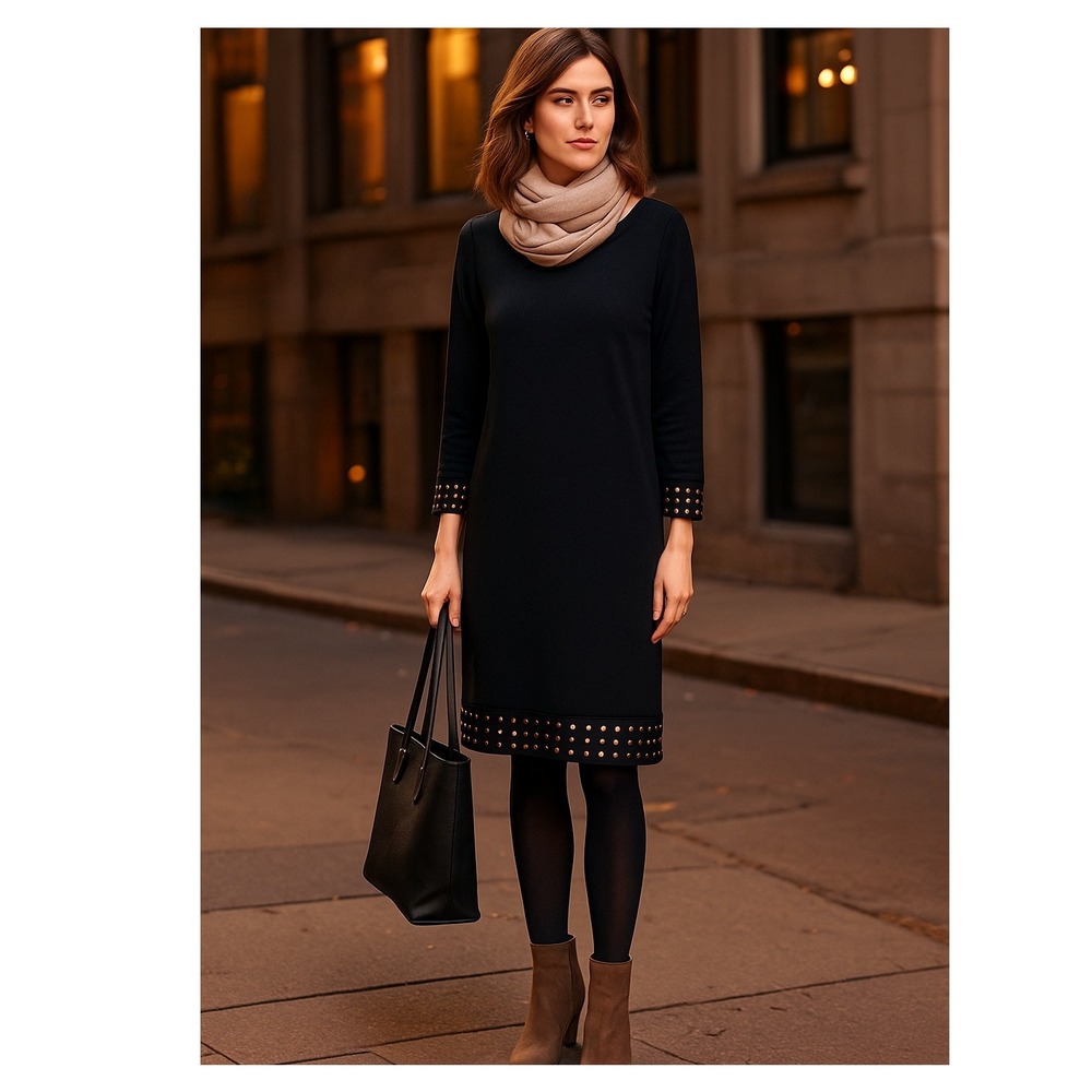 Marks & Spencer Portfolio BlackStudded A-Line Dress US 14 ¾ Sleeve Career Party